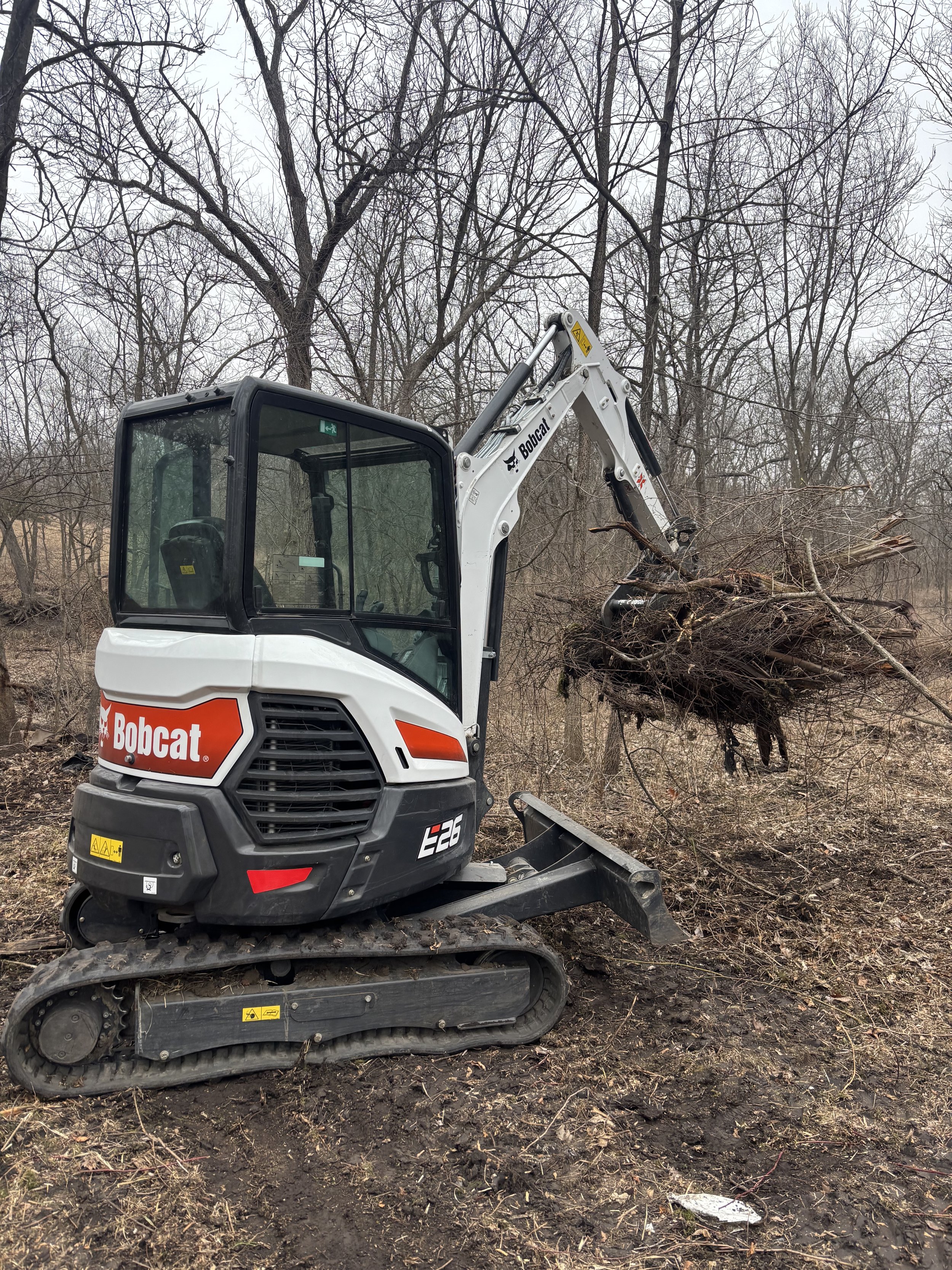 A Bobcat E26 compact excavator lifting a large bundle of tree branches and roots in a wooded area during overcast weather.