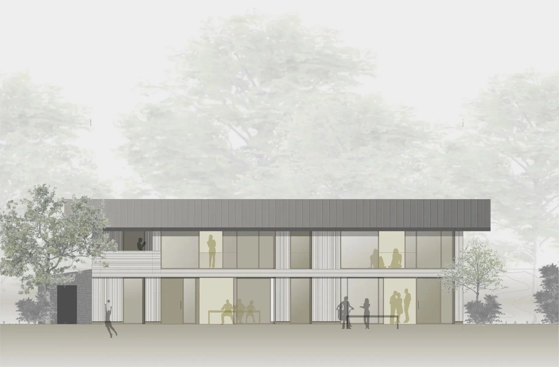 Entwurf eines modernen zweistöckigen Gebäudes mit großen Glasfenstern, umgeben von Bäumen, mit Menschen, die im Innen- und Außenbereich interagieren.