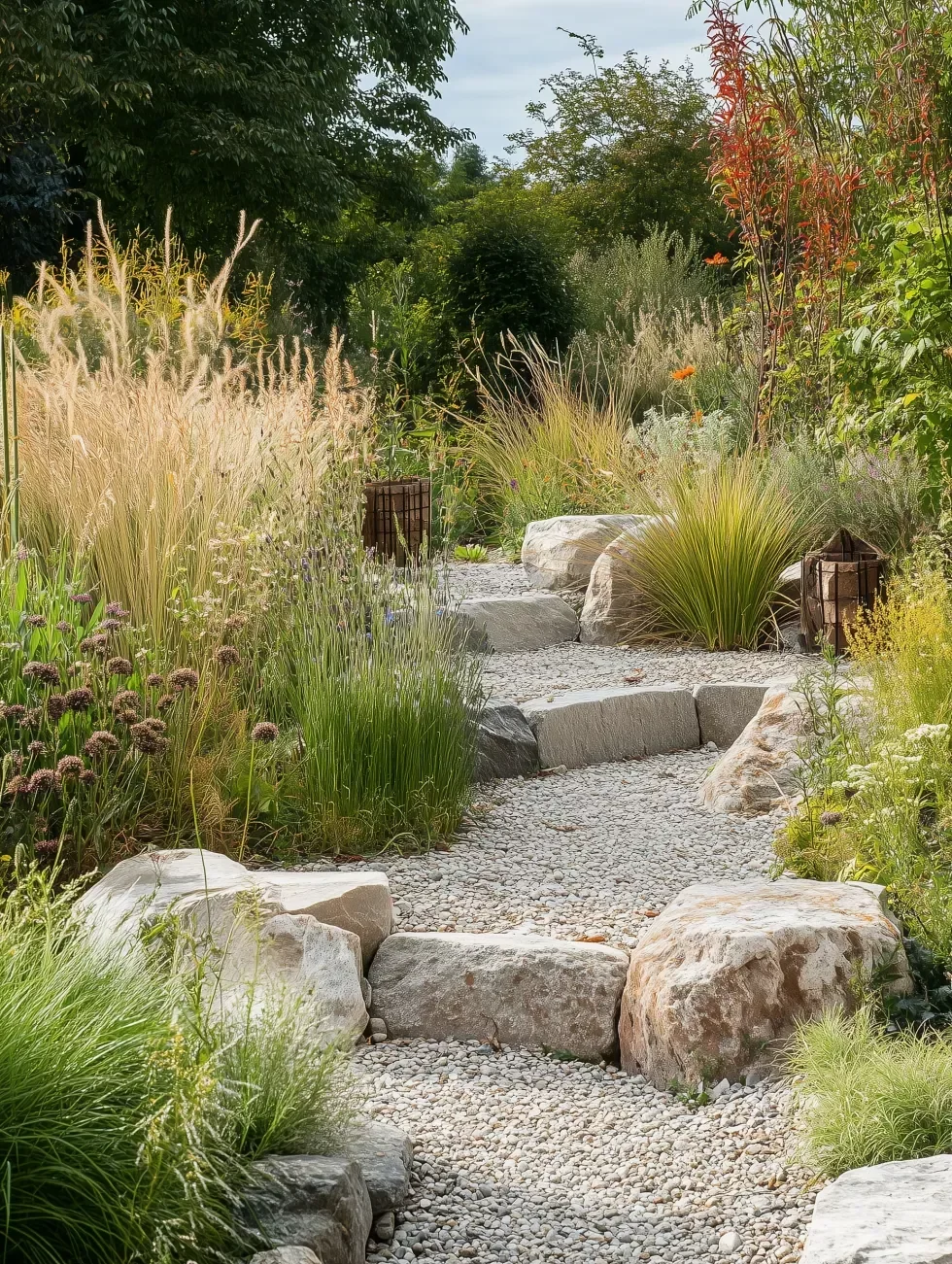 Ein Gartenweg aus Kies, umgeben von bunten Stauden, Gräsern und Bäumen.