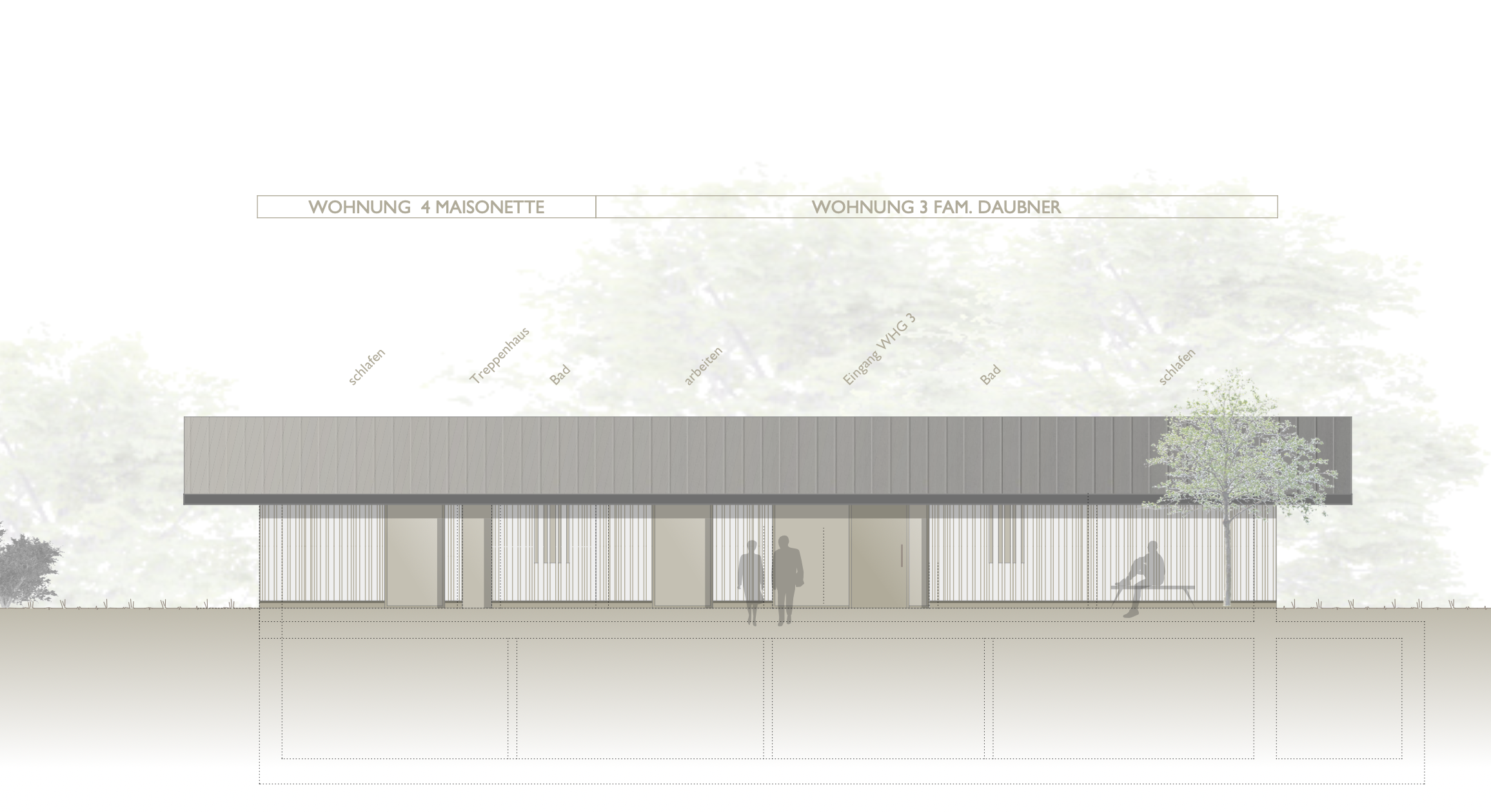 Architektonische Zeichnung eines Gebäudes mit Menschen im Vordergrund, Bäumen und Beschriftungen auf Deutsch.