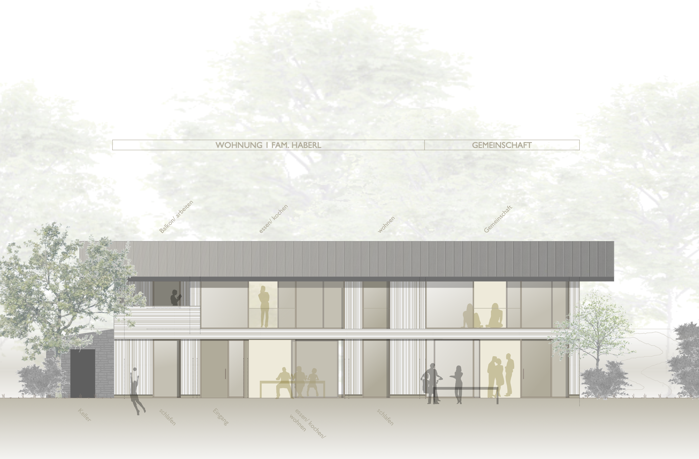 Ein architektonischer Entwurf eines zweistöckigen Hauses mit großen Fenstern, Balkonen und umgebender Natur, inklusive Silhouetten von Menschen im Innen- und Außenbereich.