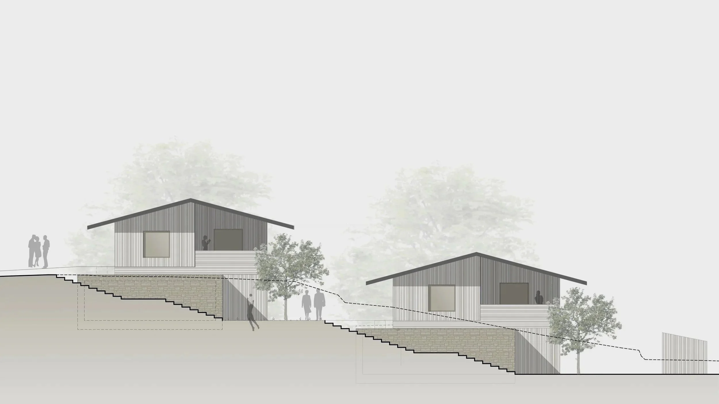 Architektonische Entwurfsskizze mit zwei modernen Häusern auf einer abschüssigen Fläche, umgeben von Bäumen, mit Personen im Außenbereich.
