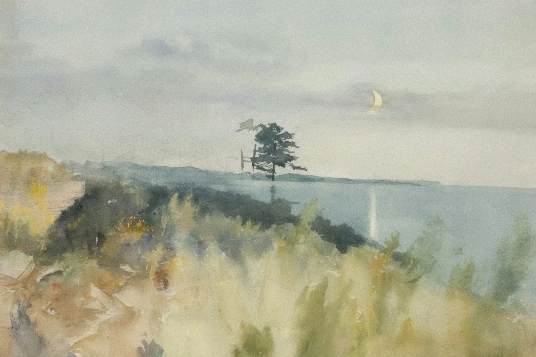 En akvarellmålning av en landskapsscen med en ensam träd på en liten landtunga, en havsvåg, en halvmåne i himlen och disiga berg i bakgrunden.