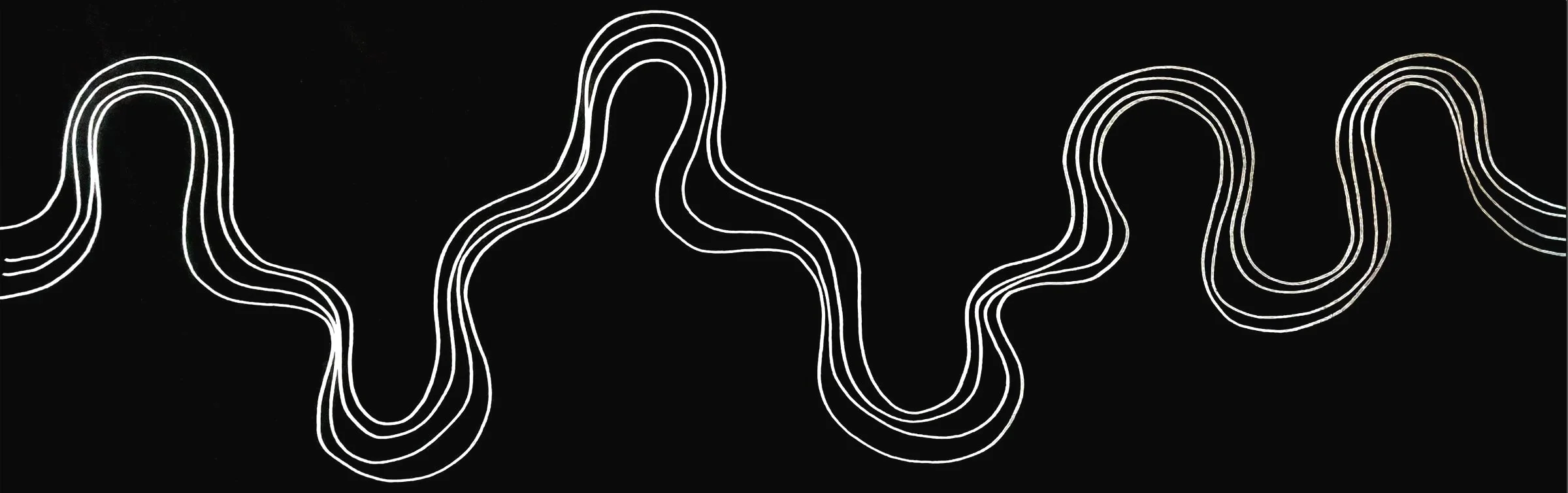 White circular, wavy lines forming a pattern on a black background.