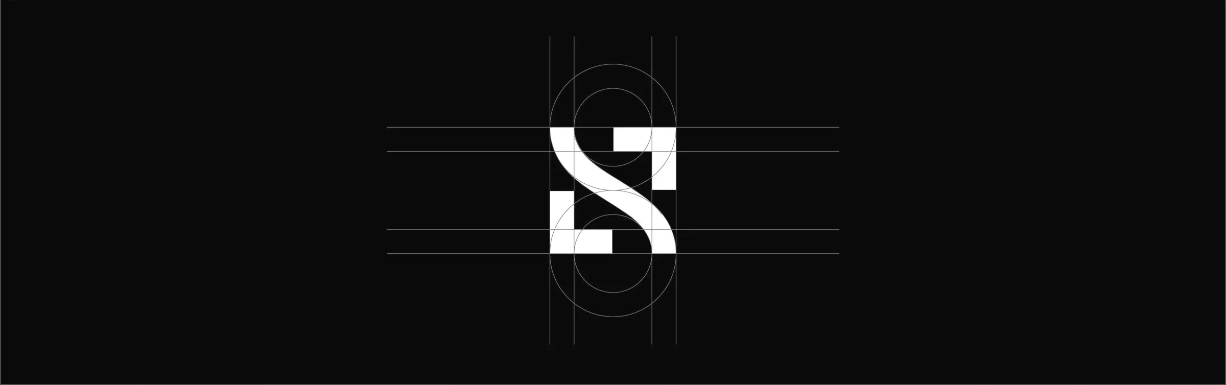 Black and white geometric logo with symmetrical curves, circles, and lines, resembling the letter S or a stylized ribbon, on a black background.