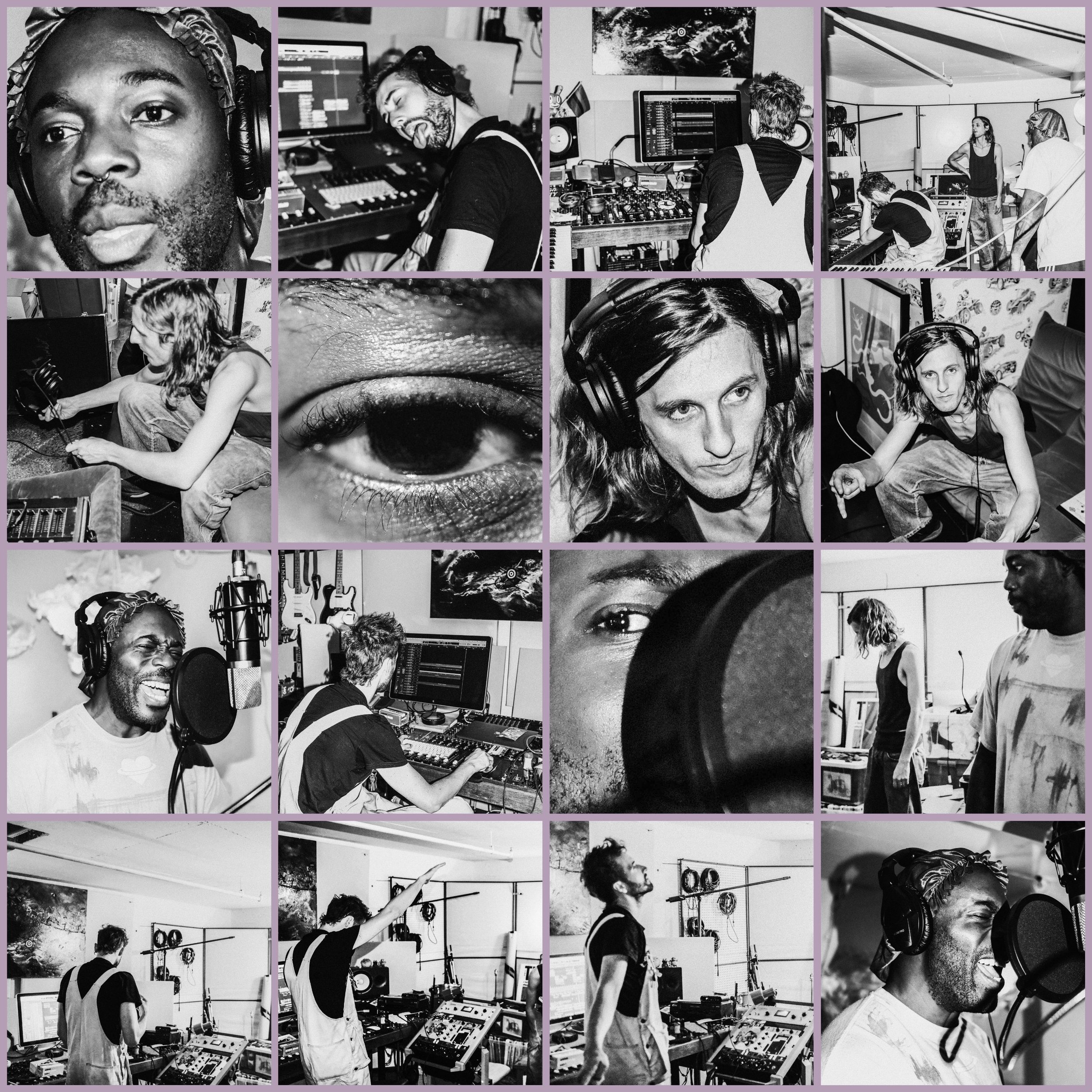 Collage of black and white photos showing people recording in a studio, working with music equipment, and performing.