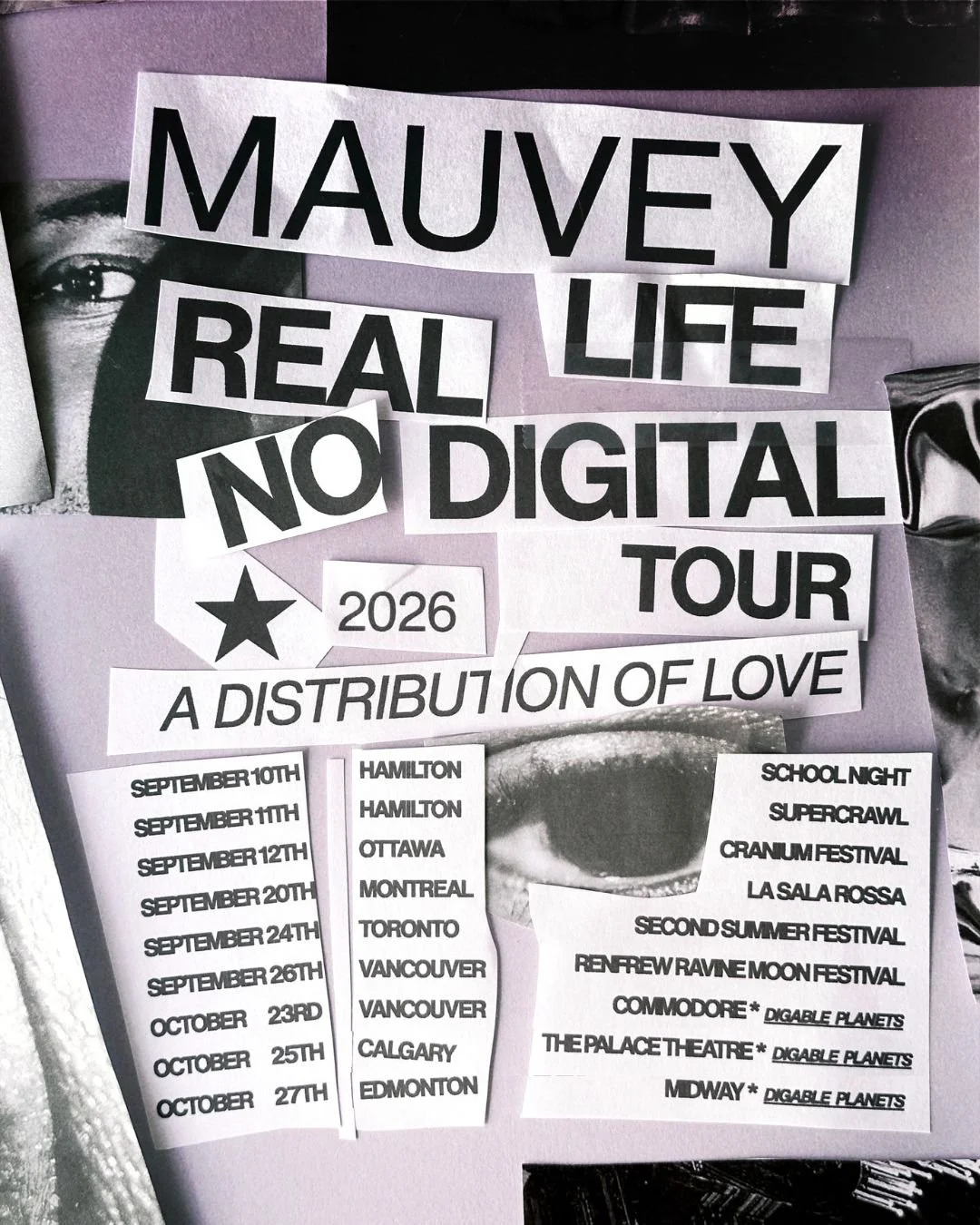 Promotional poster for Mauvey's 2026 No Digital Tour, featuring a black and white collage with bold text, a star graphic, and a list of tour dates and locations.