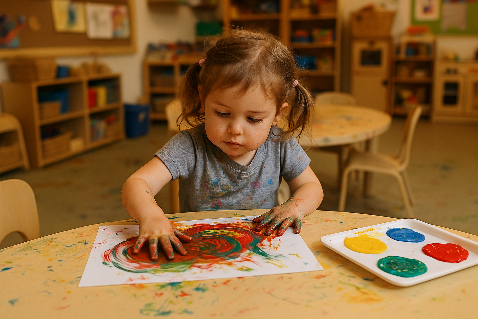 A young girl with brown hair tied in pigtails, wearing a gray t-shirt, is sitting at a table in a classroom, finger painting with red, green, and yellow paint on a piece of paper. Her hands are covered in paint, and she is focused on the artwork. There are four paint colors on a white tray: yellow, blue, red, and green. The classroom has wooden shelves filled with books and toys, and other tables and chairs are visible in the background.