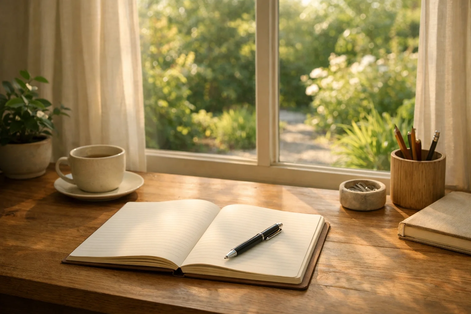 Open notebook with pen on a wooden desk near a window with a garden view, coffee cup, potted plant, and stationery in a holder.