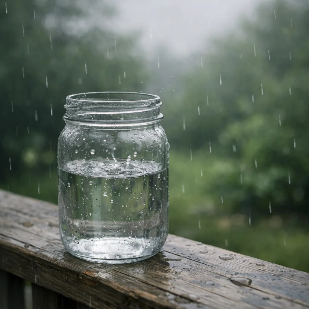 Glass jar collecting rainwater on wooden railing during gentle rainfall outdoors.