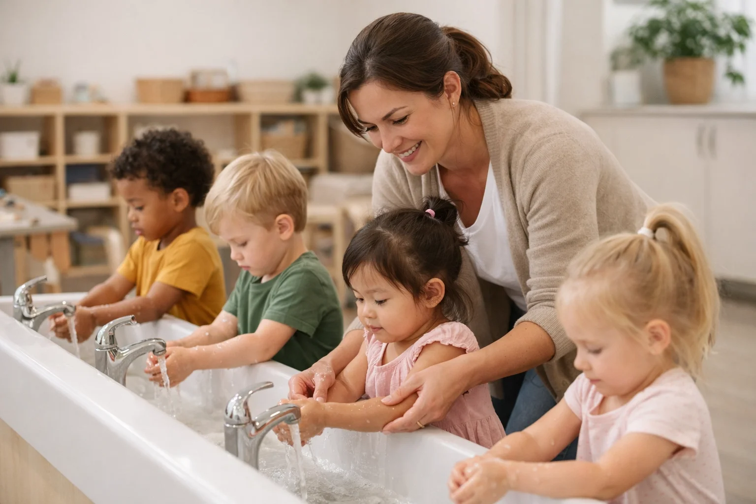 “Teacher helps four young children wash hands at a multi-faucet sink, supporting healthy hygiene routines in childcare at The Places You Can Grow.”