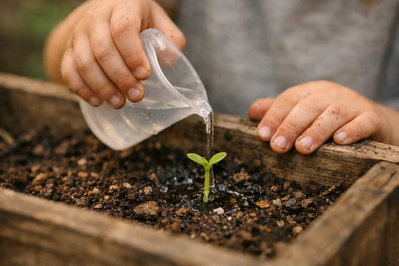 A person waters a small green plant with a plastic cup in a wooden planter box.