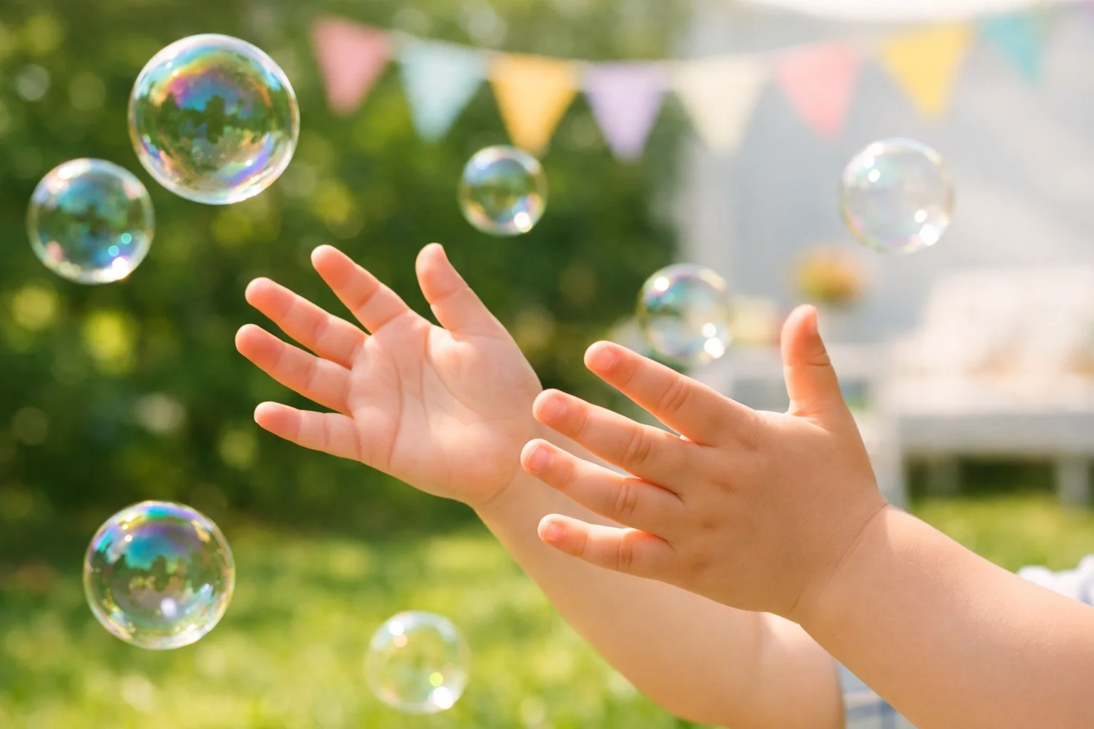 Child reaching for bubbles outdoors during playtime, representing joyful early childhood learning and care