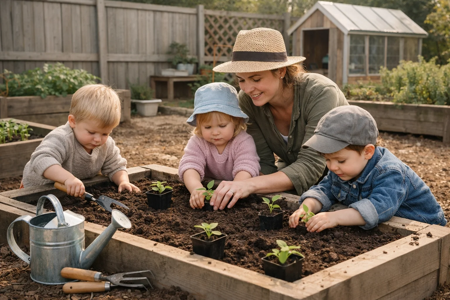 "Teacher and children engaged in nature-based learning at raised garden beds, showcasing the hands-on homesteading curriculum at The Places You Can Grow."