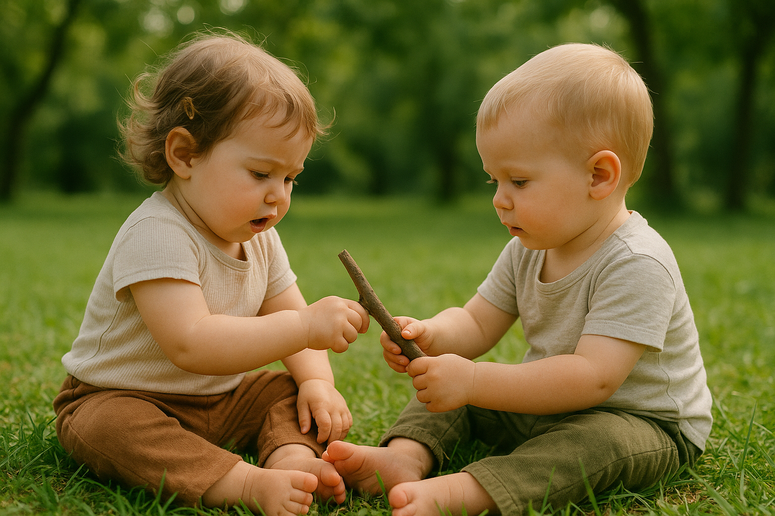 Two young children sitting on the grass outdoors, playing with sticks in a green park.