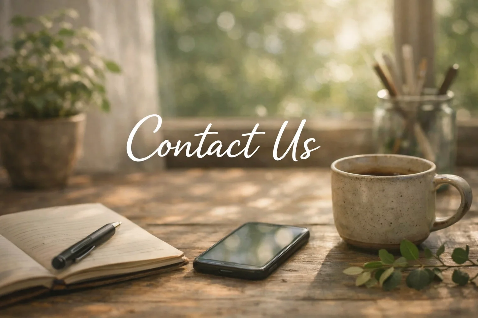 A cozy workspace with an open notebook, a pen, a smartphone, a mug of coffee, and a potted plant on a wooden table near a window with sunlight. The words "Contact Us" are written across the image.