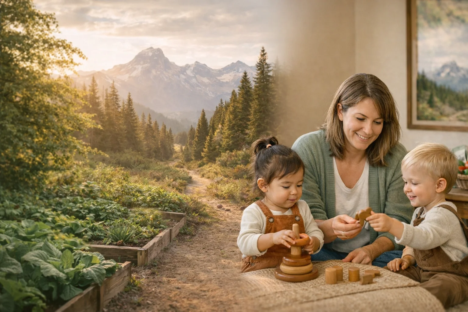 "Nature-based childcare and outdoor learning scenes transitioning from a garden to mountains, reflecting the nurturing environment at The Places You Can Grow."