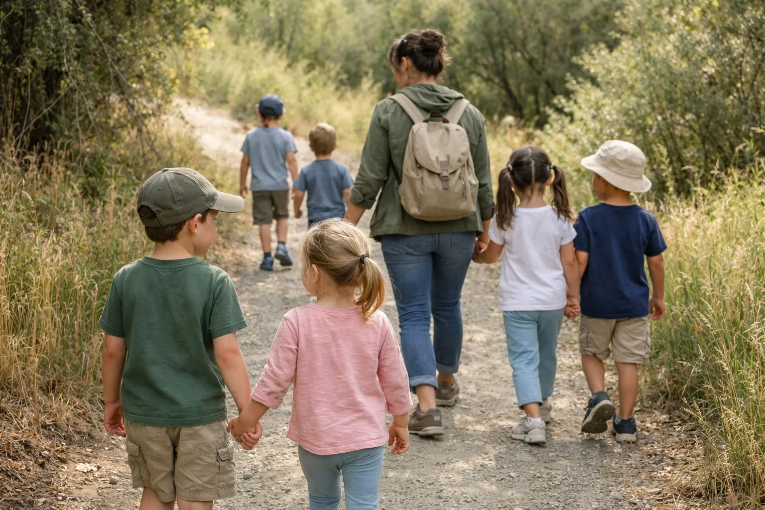 “Teacher leads a small group of young children on a nature hike, supporting outdoor learning and active childcare at The Places You Can Grow.”