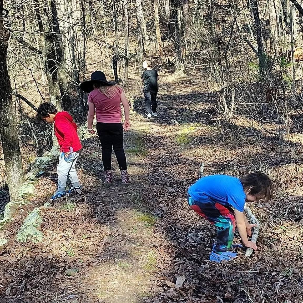 Children and a woman exploring a wooded trail during fall, some collecting leaves or examining forest ground.