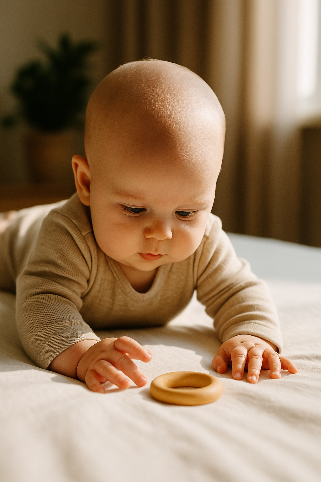 Baby crawling on a bed, playing with a wooden ring toy.