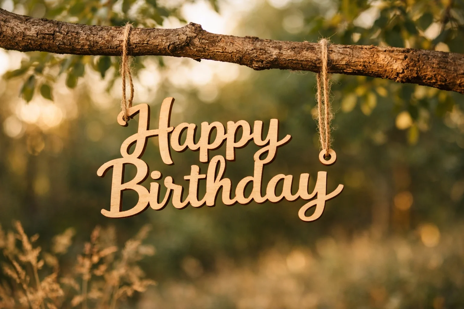 Wooden birthday sign hanging from a tree branch with twine, reading 'Happy Birthday', outdoors with blurred greenery background.