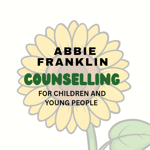 A graphic design showing a large flower with the text 'Abbie Franklin Counseling for Children and Young People' over it.