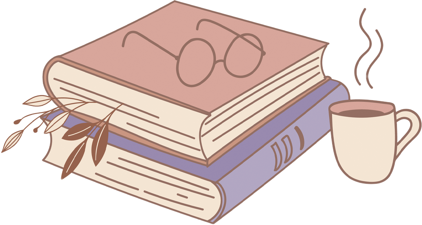 Stack of two books with glasses on top, a steaming mug, and some decorative dried leaves.