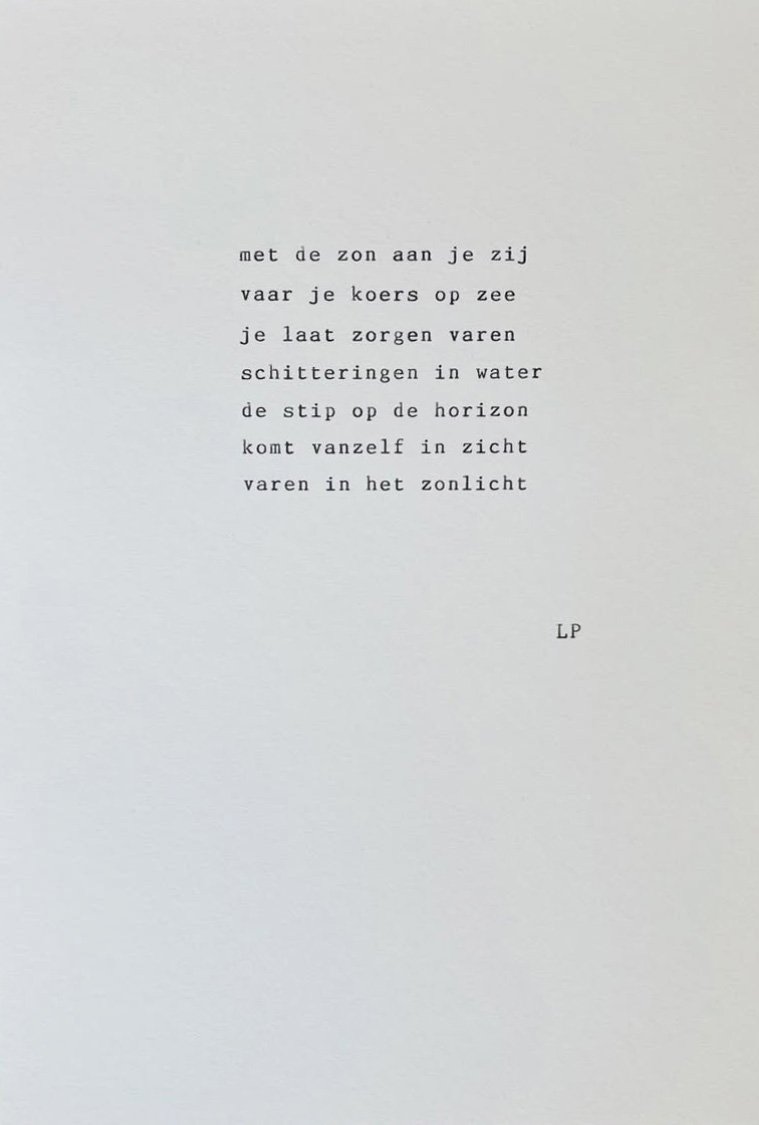 A poem printed in Dutch on a plain white background with the initials 'LP' at the bottom right corner.