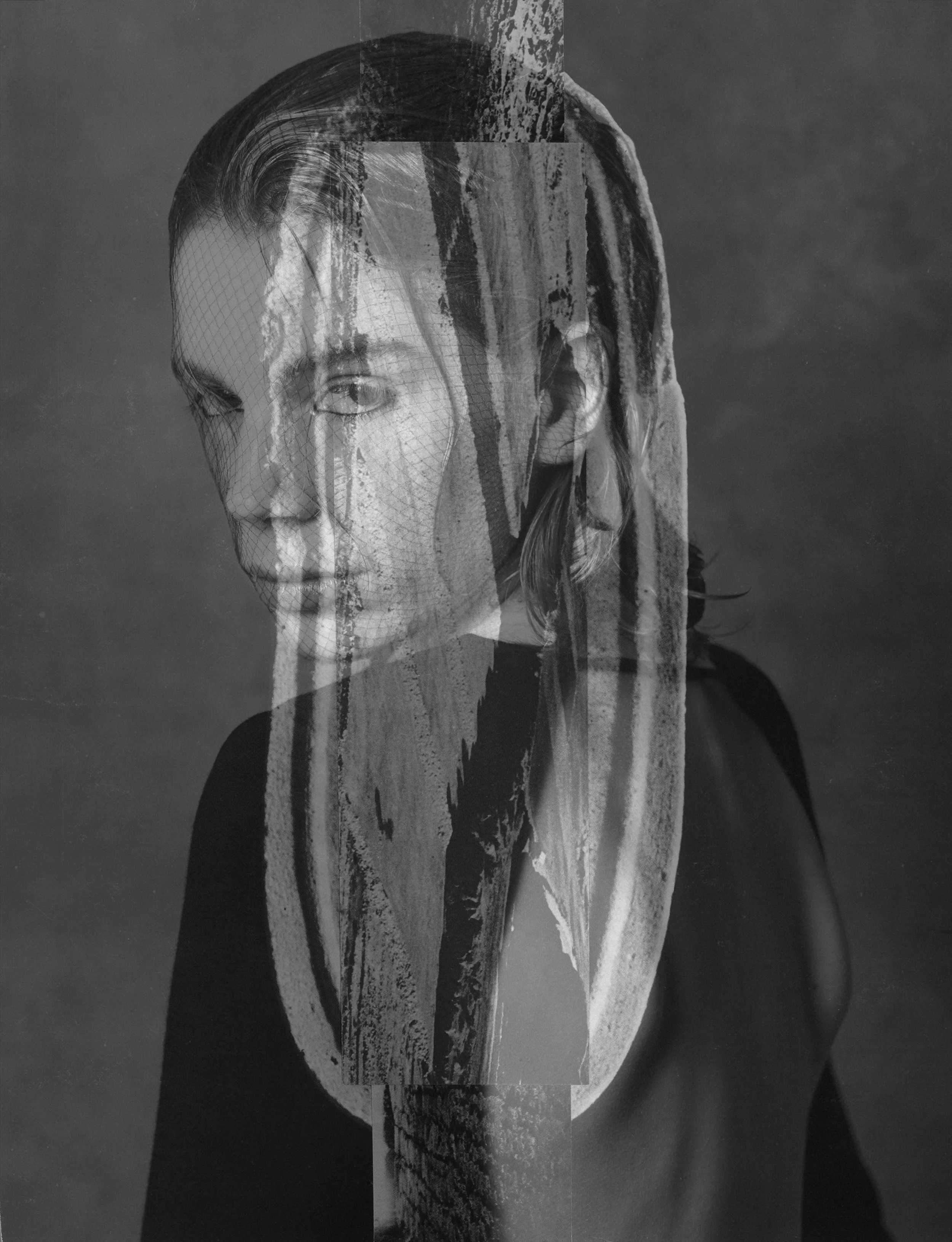 Black and white artistic portrait of a woman with a layered, abstract overlay creating a surreal effect, showing her face and shoulder.