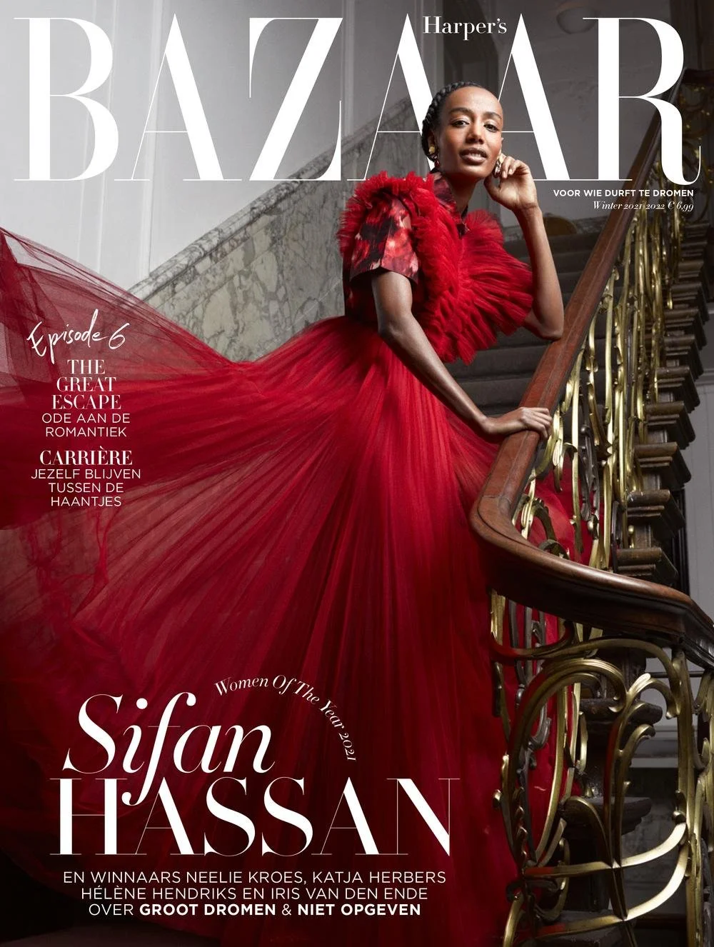 Harper's Bazaar magazine cover featuring Sifan Hassan wearing a red gown with pleats and ruffles, sitting on a grand staircase with ornate gold and wood railing. Shot by Robin De Puy