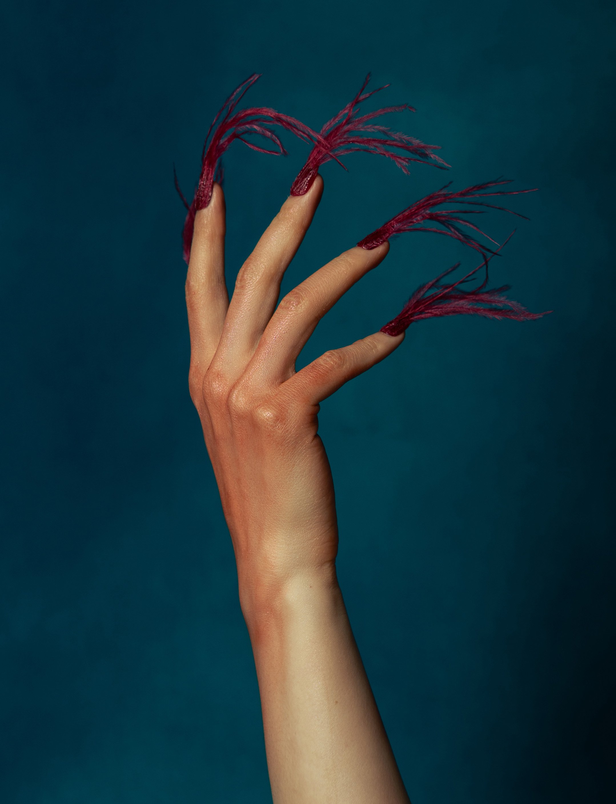 A human hand with long, decorated nails that resemble dragon claws, set against a dark teal background.