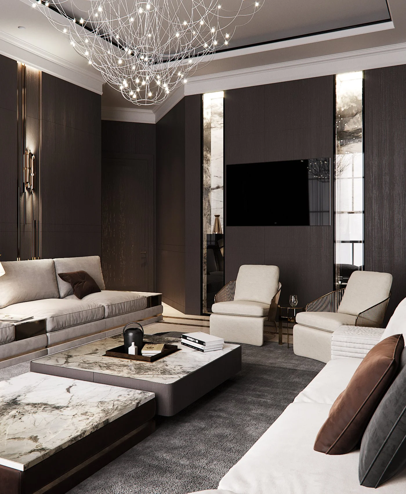 Modern living room with dark walls, white sofas, beige chairs, marble-topped coffee tables, and a large black TV on the wall. Elegant lighting fixture hangs from the ceiling.