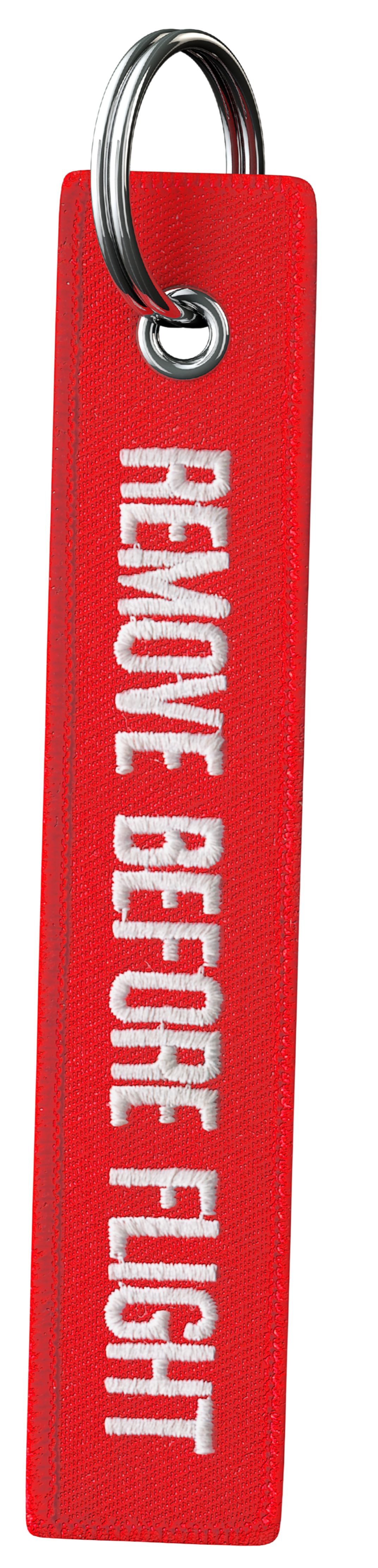 Red keychain with white embroidered text saying 'REMOVE BEFORE FLIGHT'.