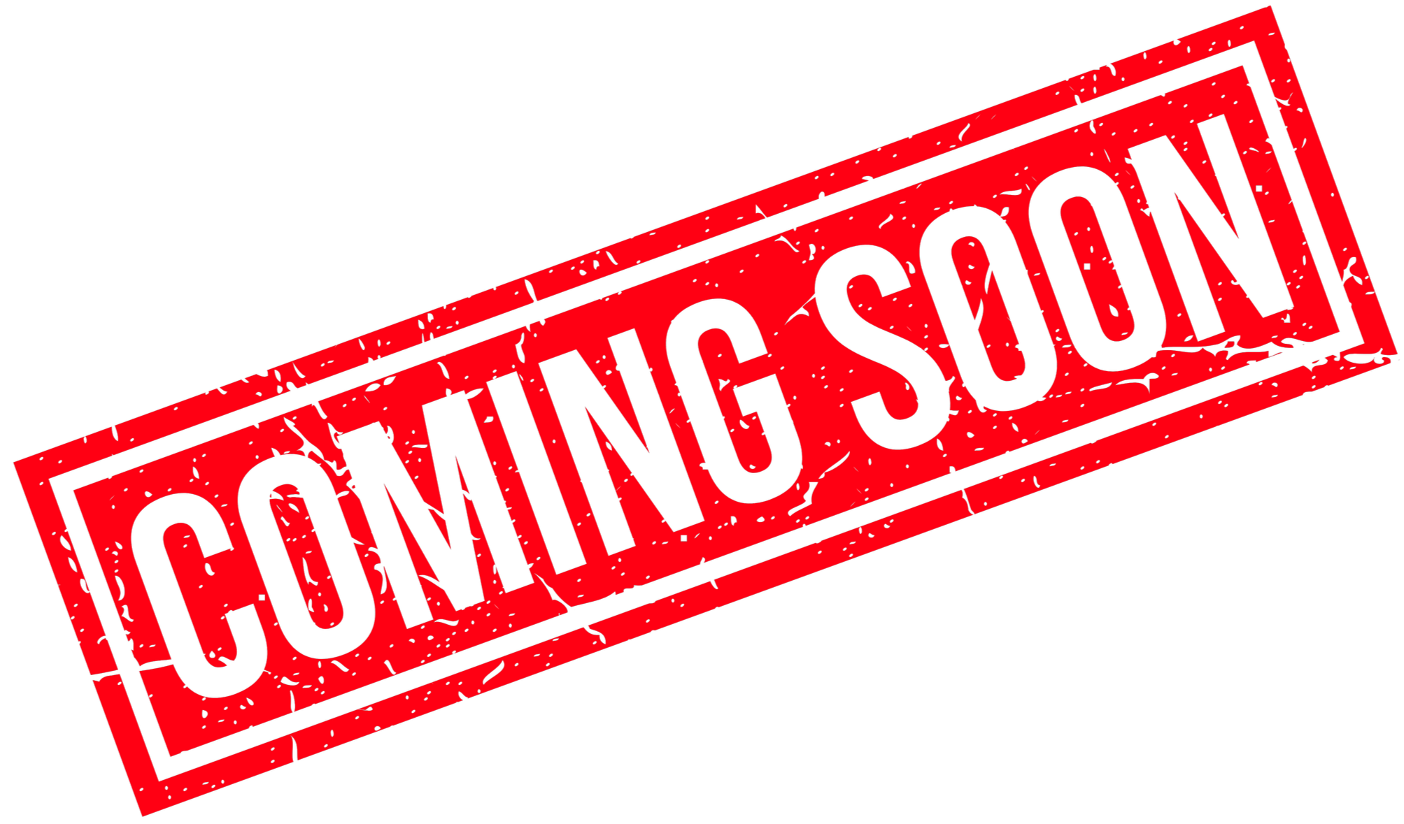 A red stamp with the words "Coming Soon" in black capital letters, placed diagonally on a black background.