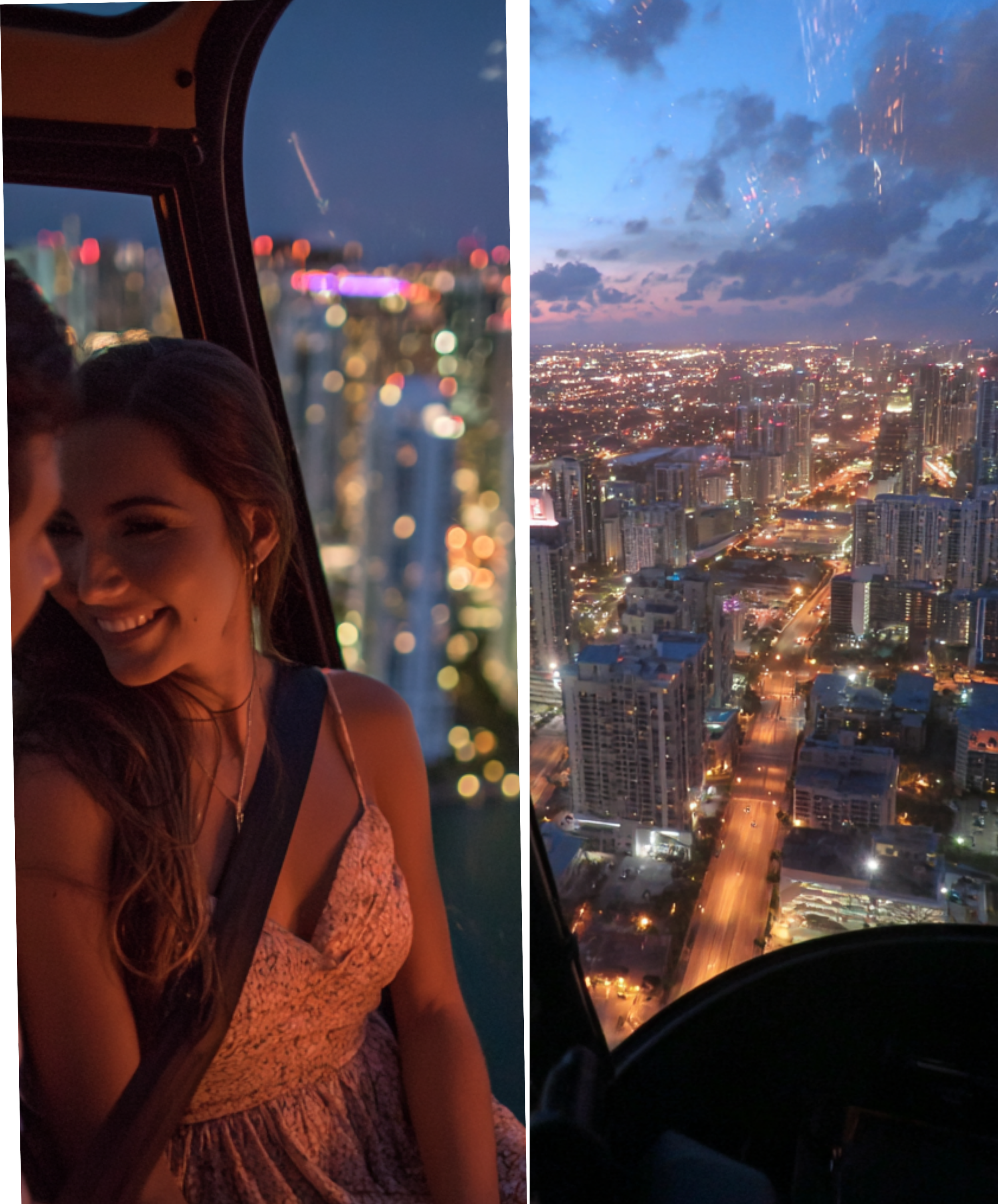 A split image shows a woman smiling inside a helicopter with a cityscape blurred in the background on the left side, and a clear view of a city at dusk with high-rise buildings and illuminated streets on the right side.