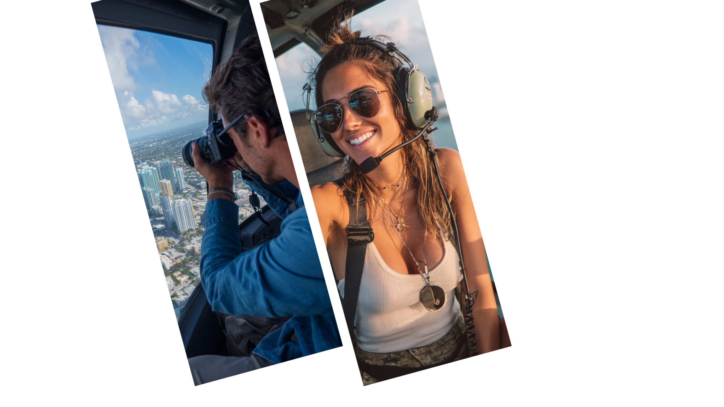 Two women in the cockpit of a helicopter, one wearing sunglasses and a headset, smiling, with a cityscape visible through the window.