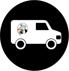 Een witte ijswagen met een logo van een unicorn die een ijsje vasthoudt.