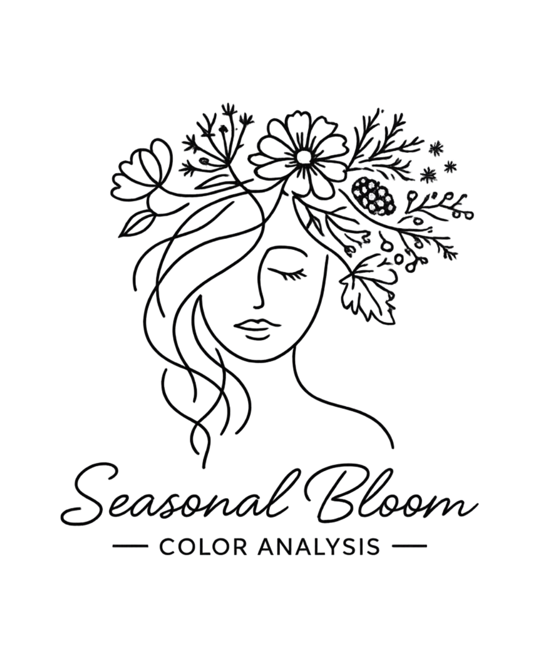 Line drawing of a woman's face with flowers and leaves in her hair, labeled 'Seasonal Bloom Color Analysis.'
