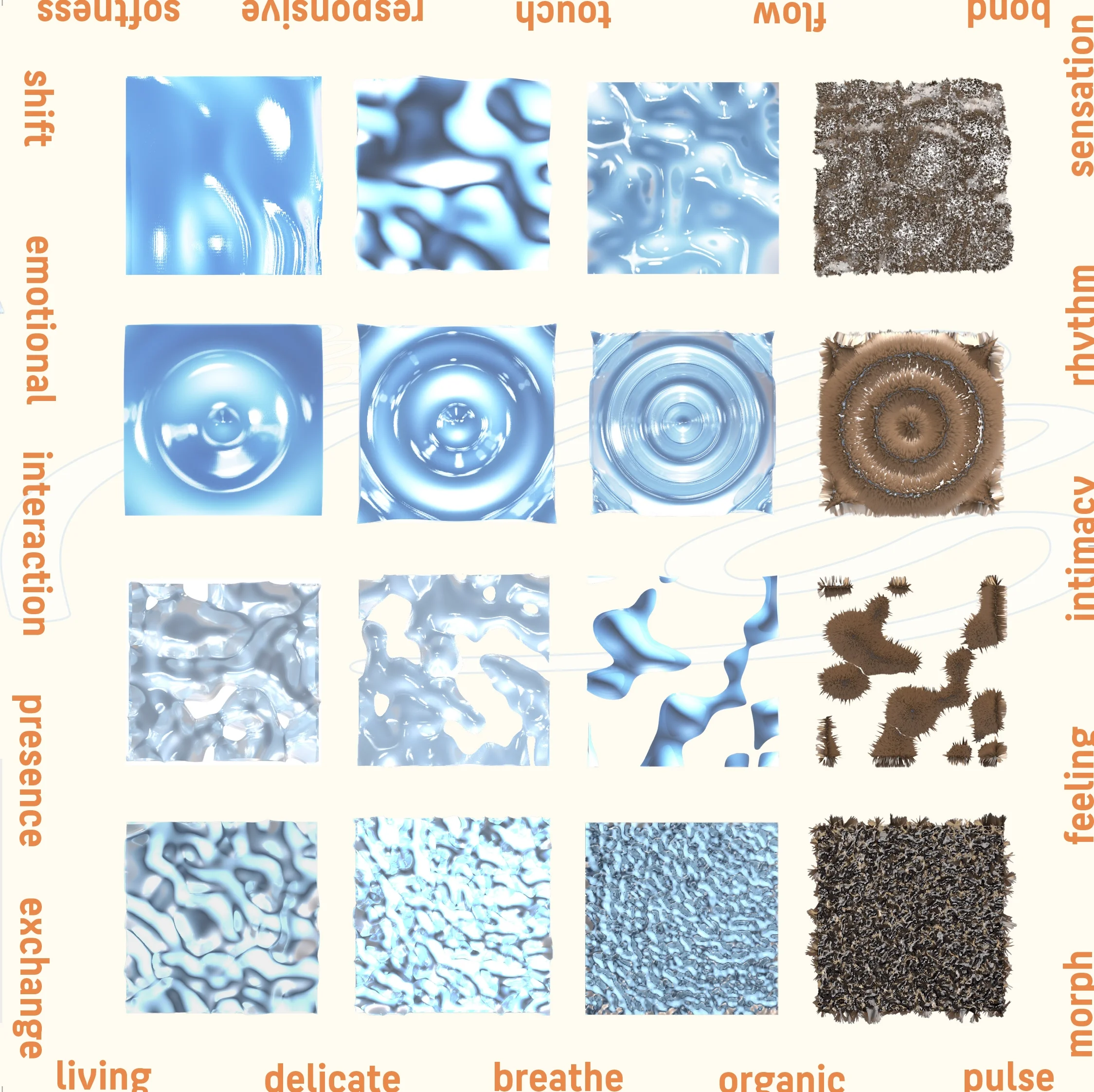 breathe is shown in different interactive stages; subtle, flowy movement, ripple reaction to a baby kick, spreading out- reaction to pressure, and increasing vibrational movement in response to sound