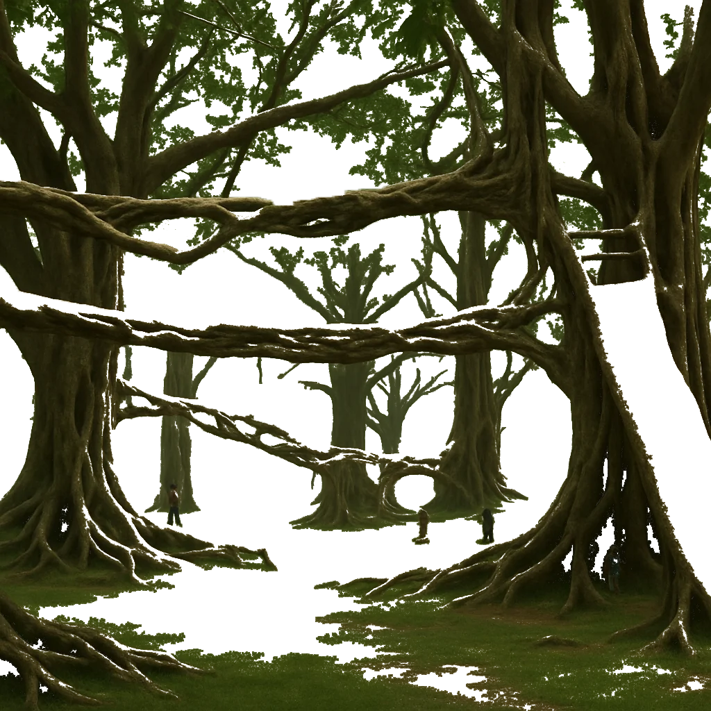 fig trees with intertwining branches that reach out to form bridge-like structures