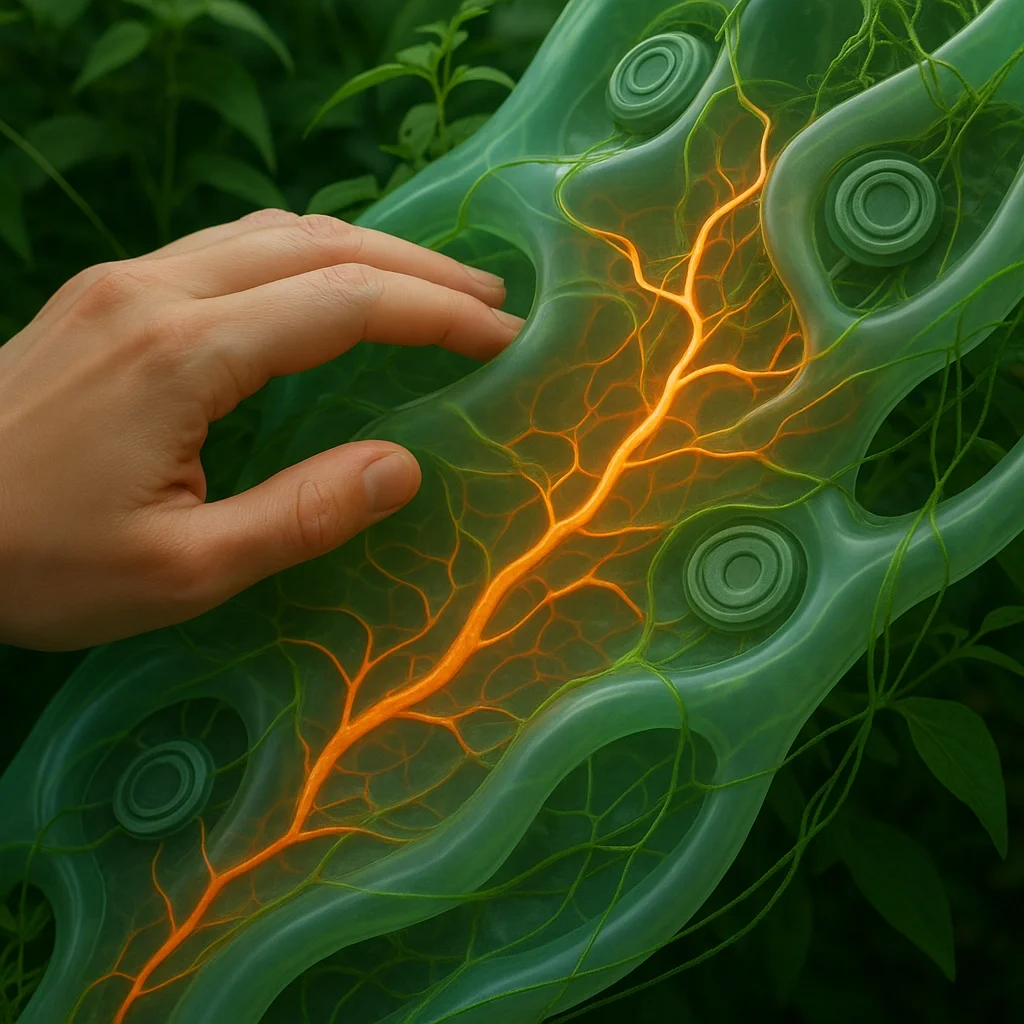ai produced image; a hand touching a living form in nature; sparking the natural veins to light up under its palm