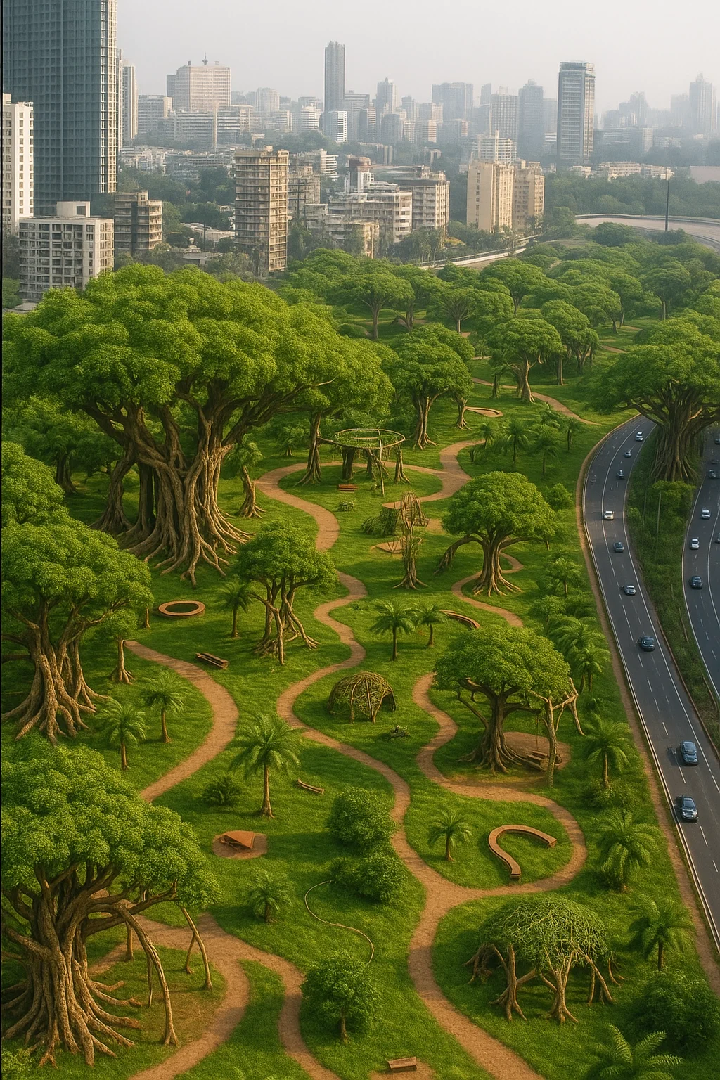 AI produced image of the new coastal road in Mumbai, India (2024). Instead of the concrete slab that is created, the image shows a fig tree forest, and shaped furniture all around; a beautiful, natural, and inclusive solution for mumbaikers in need.