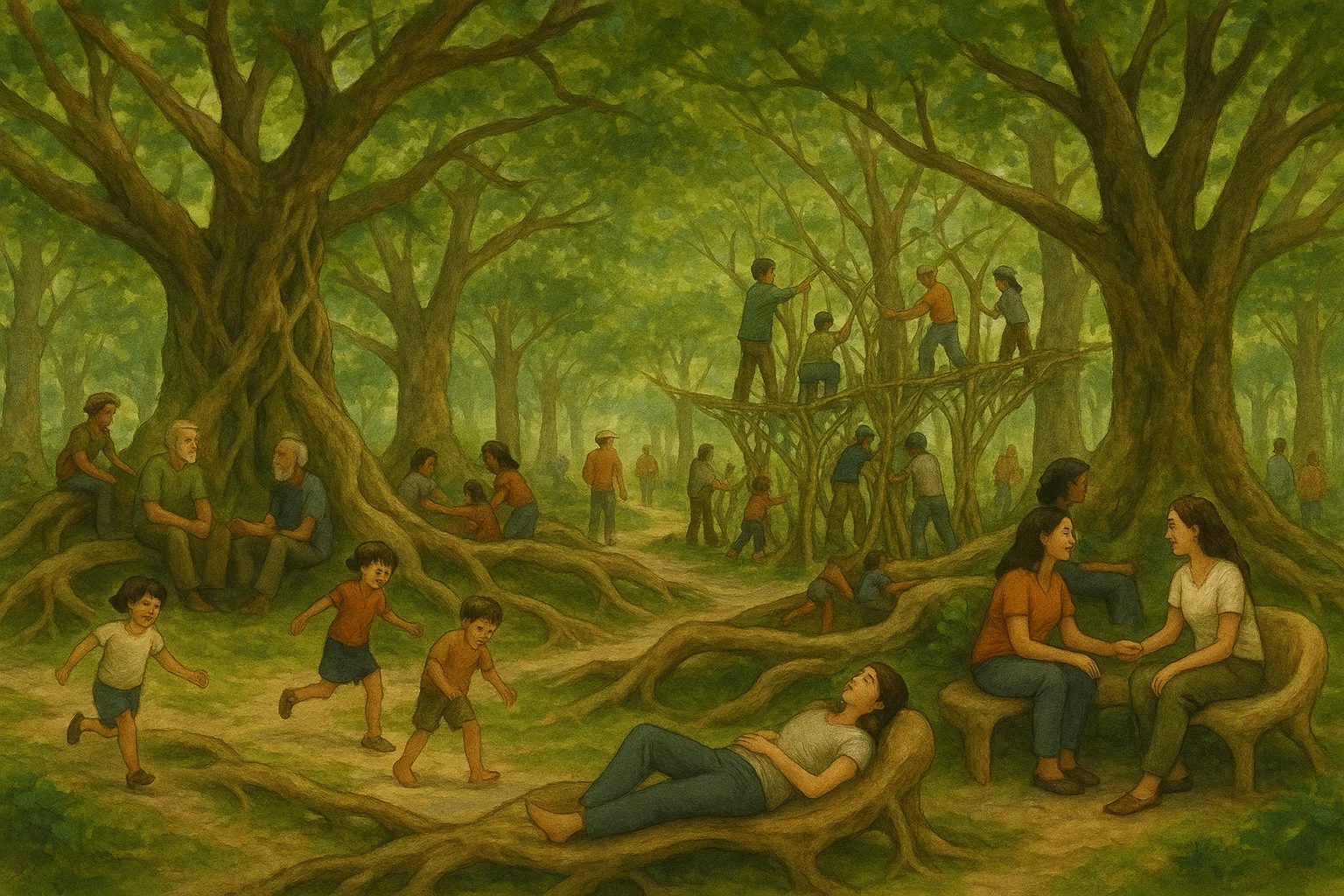 a community relaxing and playing in an urban jungle.