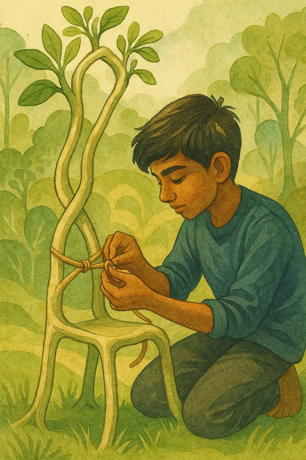 a boy grafts and ties a growing tree to influence a chair