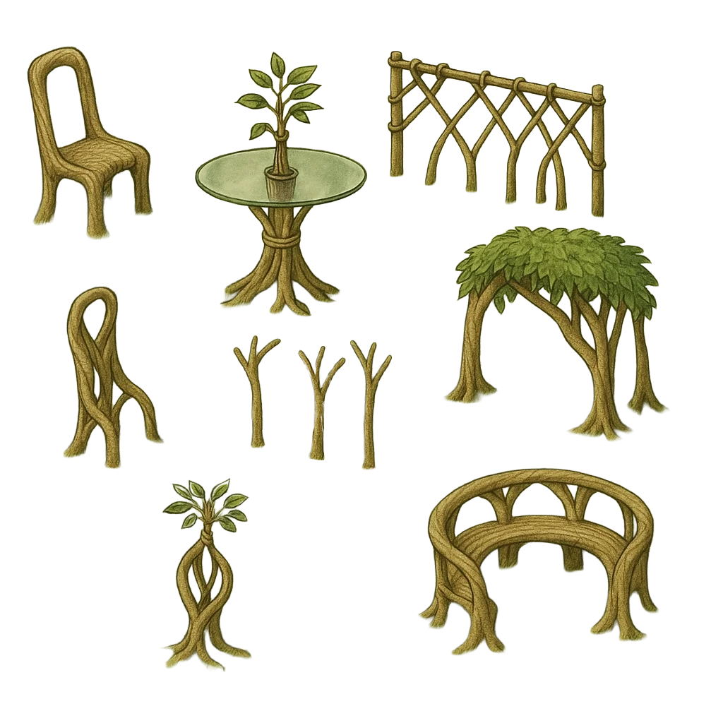 shaped furniture; chairs, tables, a bench, fence, and shade.