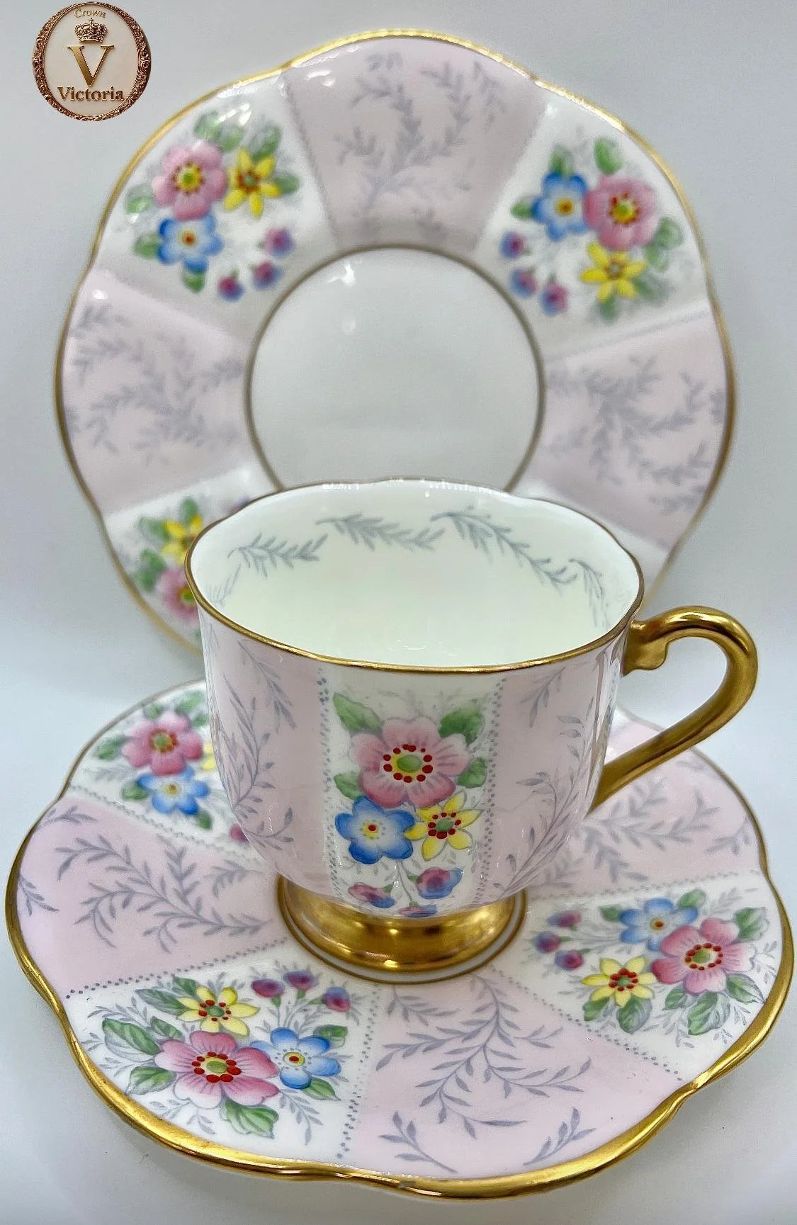 Royal Crown Pottery Tea Trio (circa 1952) Petunia pattern