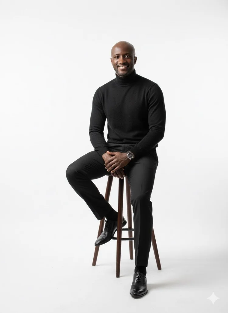 Kuda Manhando seated in a black turtleneck