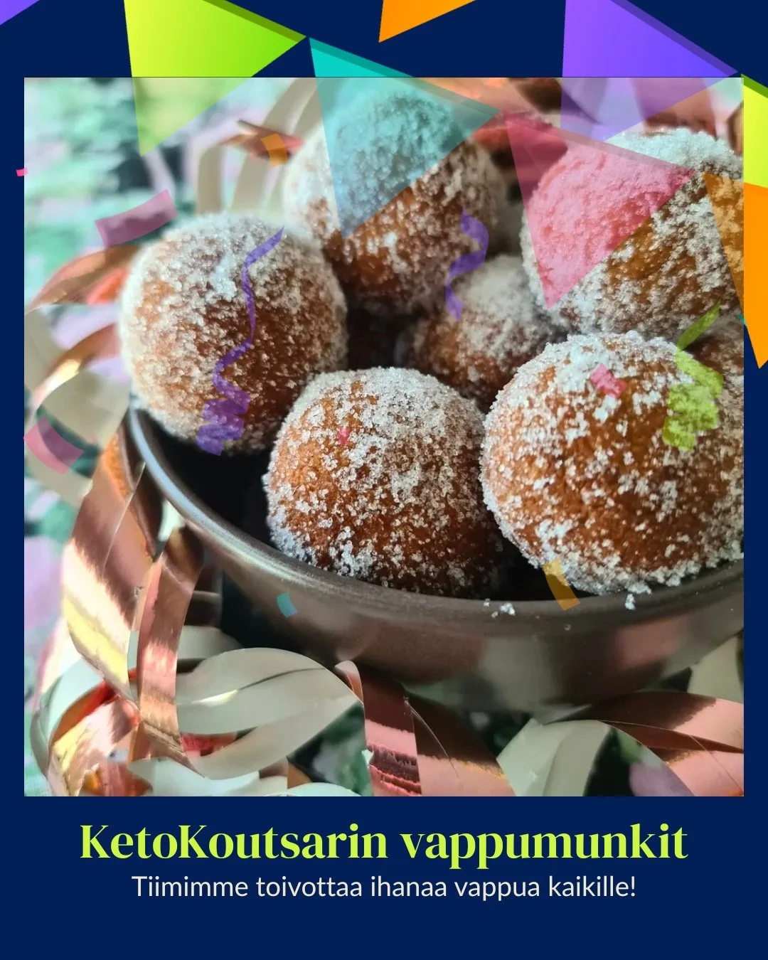 T&auml;m&auml;n taikinareseptin my&ouml;t&auml; haluamme toivottaa ihanaa ja aurinkoista vappua kaikille seuraajillemme. 🎈☀️ K&auml;y lukemassa my&ouml;s KetoBlogistamme uusin kirjoitus: "Ketoilija ei herkuitta j&auml;&auml;" 👉 ketokoutsa