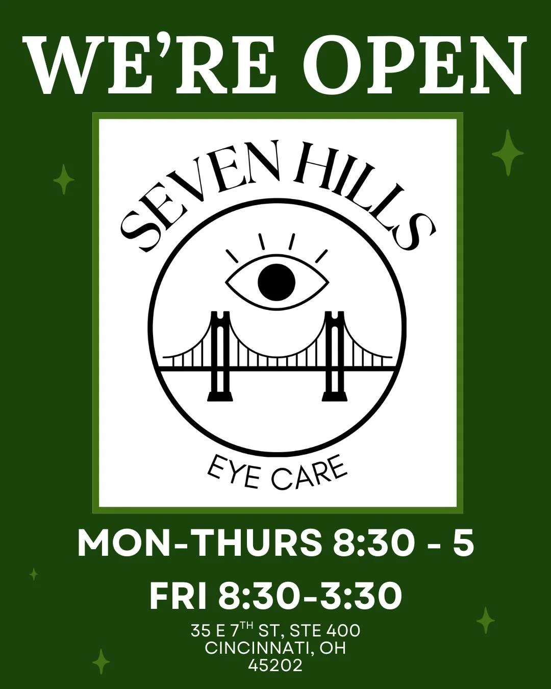 🎉 Exciting News! 🎉

We're thrilled to announce that Seven Hills Eye Care is now open! The office of Dr. Fagedes and Garrity has officially transitioned to Seven Hills Eye Care. While our name has changed, our commitment to providing you with except