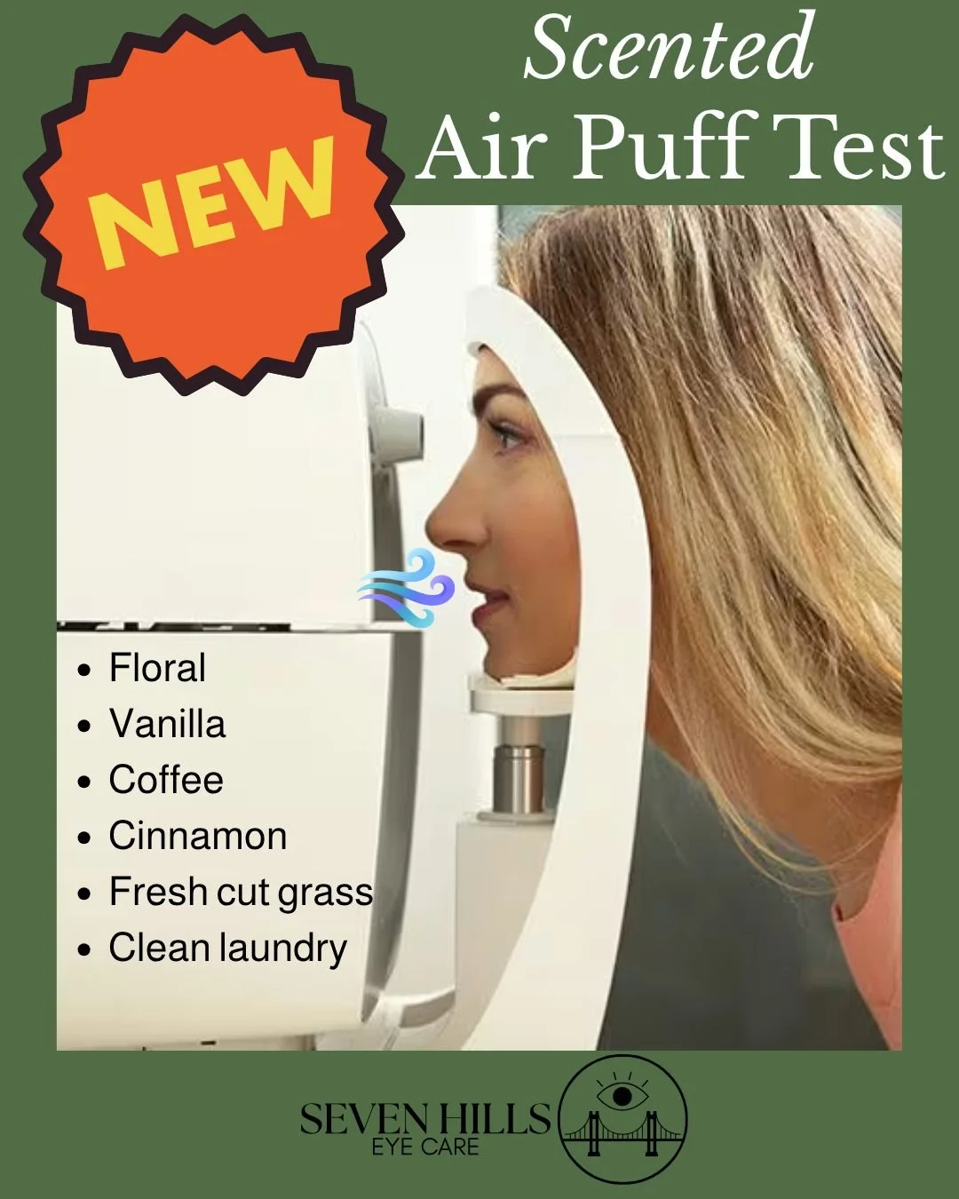 We heard you! The air puff test is everyone's least favorite part of the exam. So we've upgraded it! Our new Scented Air Puff experience comes in scents such as Rosey Floral, Fresh Cut Grass, and Warm Vanilla.

...Just kidding. Happy April Fools' Day